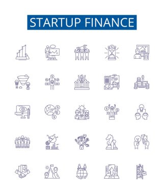 Başlangıç finans satırı simgeleri ayarlandı. Fon, Sermaye, Yatırım, Venture, Angel, Maliyetler, Bütçe, Kaynak ana hatları vektör çizimleri tasarımı