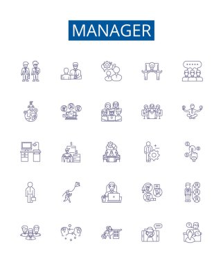 Yönetici satırı simgeleri ayarlandı. Yönetici, Denetmen, Yönetici, Yönetici, Yönetici, Yönetici, Gözetmen, Foreman ana hatlı vektör çizimleri tasarım koleksiyonu