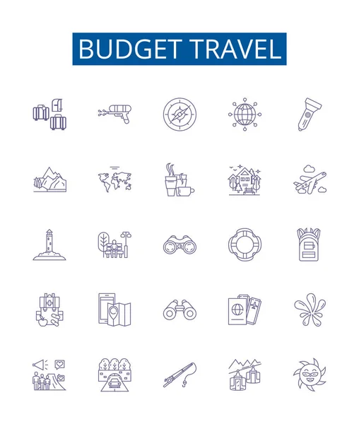 Linia Budżetowa Ikony Podróży Zestaw Znaków Kolekcja Projektowa Tanie Budżet — Wektor stockowy
