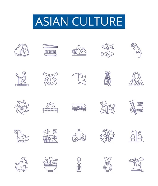 Linea Cultura Asiatica Icone Segni Set Collezione Design Asia Cultura — Vettoriale Stock