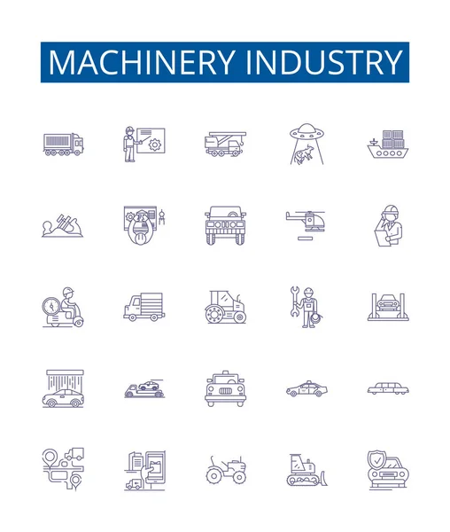 Línea Industria Maquinaria Iconos Letreros Conjunto Diseño Colección Maquinaria Industria — Vector de stock