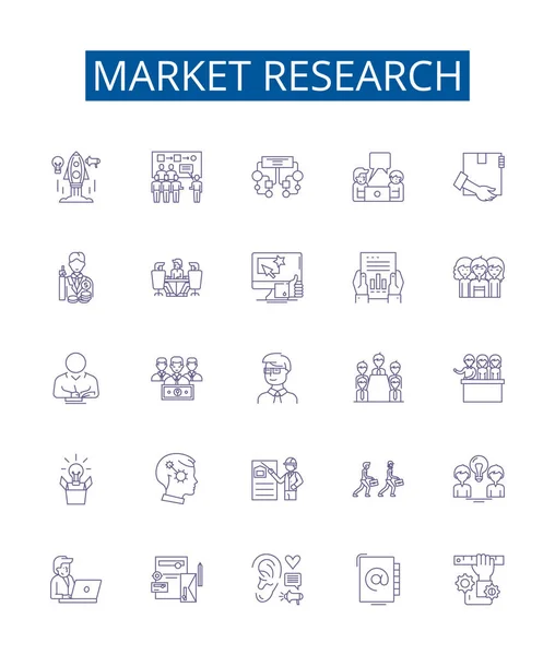 Línea Investigación Mercado Iconos Signos Establecidos Colección Diseño Mercado Investigación — Vector de stock