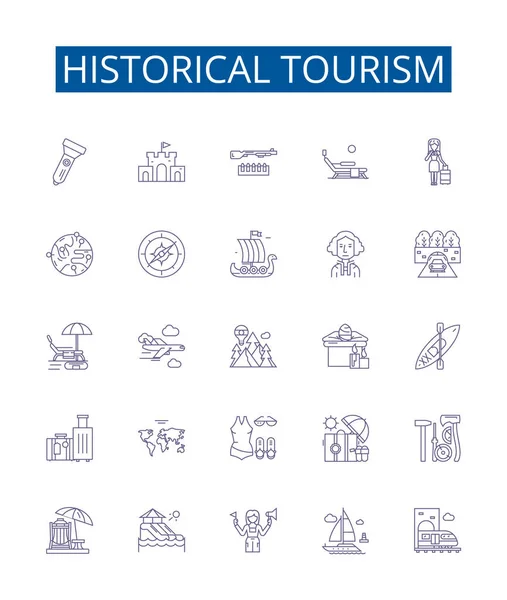 Historische Toeristische Lijn Pictogrammen Borden Ingesteld Design Collectie Van Erfgoed — Stockvector