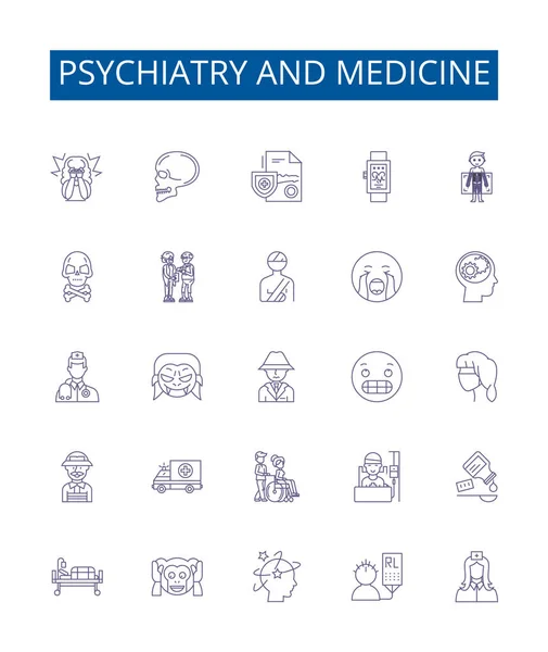 Psiquiatria Medicina Linha Ícones Sinais Definidos Desenho Coleção Psiquiatria Medicina —  Vetores de Stock
