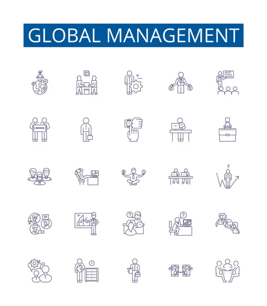 Línea Gestión Global Iconos Signos Establecidos Diseño Colección Global Gestión — Vector de stock