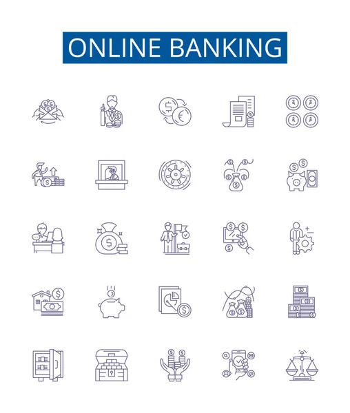 Online Bank Linje Ikoner Tecken Inställd Design Samling Banking Internet — Stock vektor