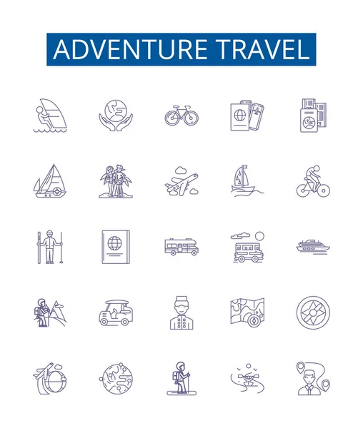 Aventura Línea Viaje Iconos Signos Establecidos Colección Diseño Senderismo Trekking — Vector de stock