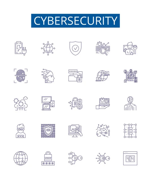 Ikony Linii Cyberbezpieczeństwa Ustawione Kolekcja Projektów Dotyczących Cyberbezpieczeństwa Sieci Bezpieczeństwa — Wektor stockowy