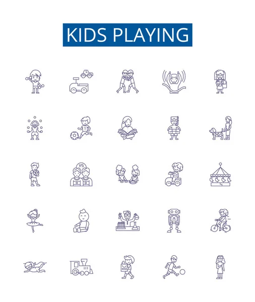 Niños Jugando Línea Iconos Letreros Conjunto Diseño Colección Niños Jugando — Vector de stock