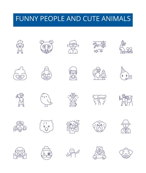 stock vector Funny people and cute animals line icons signs set. Design collection of Humorous, Furry, Adorable, Amusing, Grinning, Playful, Charming, Cheerful outline vector concept illustrations