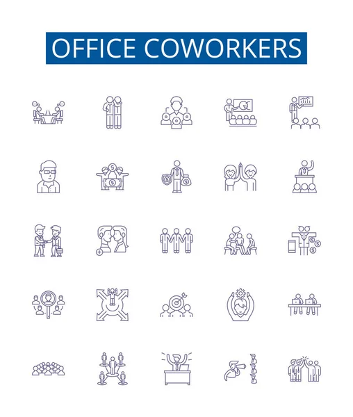 stock vector Office coworkers line icons signs set. Design collection of Colleagues, peers, staff, team, associates, cubemates, workmates, office mates outline vector concept illustrations