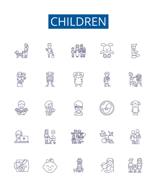 Niños Línea Iconos Letreros Establecidos Diseño Colección Niños Niños Pequeños — Vector de stock