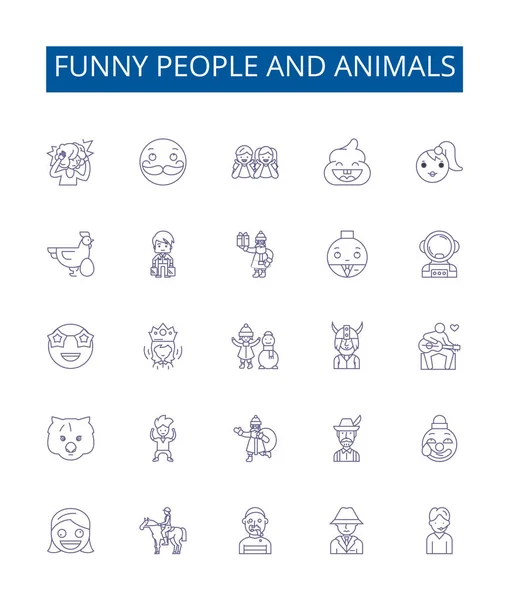 Personas Divertidas Animales Línea Iconos Letreros Conjunto Diseño Colección Humor — Archivo Imágenes Vectoriales