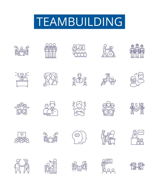 Conjunto Letreros Iconos Línea Teambuilding Diseño Colección Trabajo Equipo Cooperativa — Vector de stock