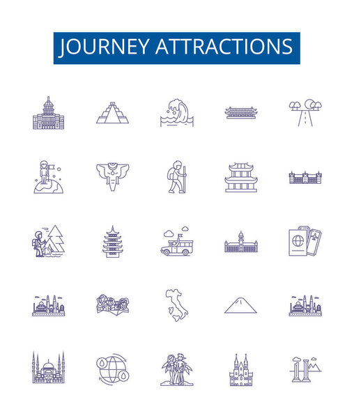 Journey attractions line icons signs set. Design collection of Destinations, Sightseeing, Adventure, Exploration, Escapade, Touring, Roam, Excursion outline vector concept illustrations