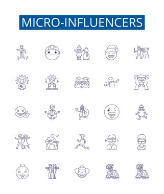 Mikro etkili çizgi simgeleri ayarlandı. Mikro etkiler, Sosyal medya, Etkilenenler, Yaratıcılar, Brand savunucuları, Brand büyükelçileri, İçerik yaratıcıları, YouTube ana hatları vektörü