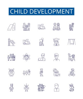 Çocuk gelişim çizgisi simgeleri belirlendi. Bebek, Bebek, Yürüyen, Bilişsel, Sosyal, Duygusal, Dil, Motor, Davranış çizelgesi konsept çizimlerinin tasarım koleksiyonu