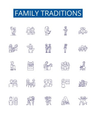 Aile gelenekleri çizgisi simgeleri ayarlandı. Geleneklerin, Aile, Kutlamalar, Ritüeller, Gümrük, Tarihler, Miras, Miras ana hatları vektör çizimleri tasarımı