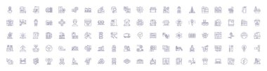 Endüstri çizgisi simgeleri ayarlandı. Üretim, Teknoloji, Üretim, İşletme, Ekipman, Otomotiv, Perakende, Hizmet ana hatları konsept çizimleri tasarımı