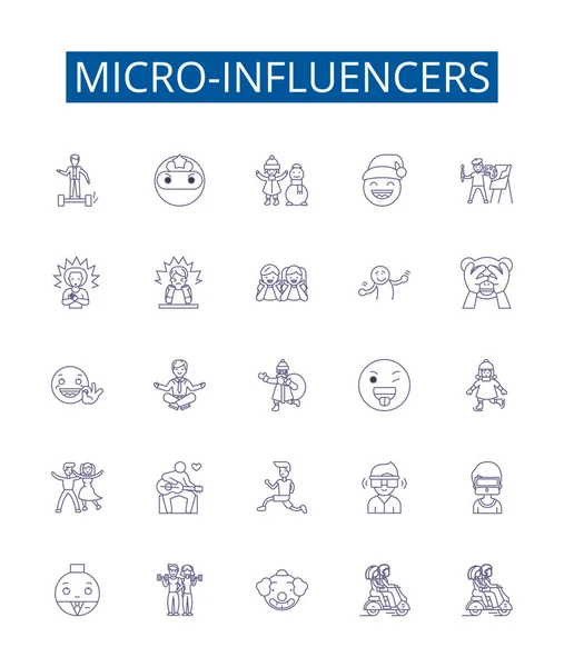 stock vector Micro-influencers line icons signs set. Design collection of Micro influencers, Social media, Influencers, Creators, Brand advocates, Brand ambassadors, Content creators, YouTube outline vector