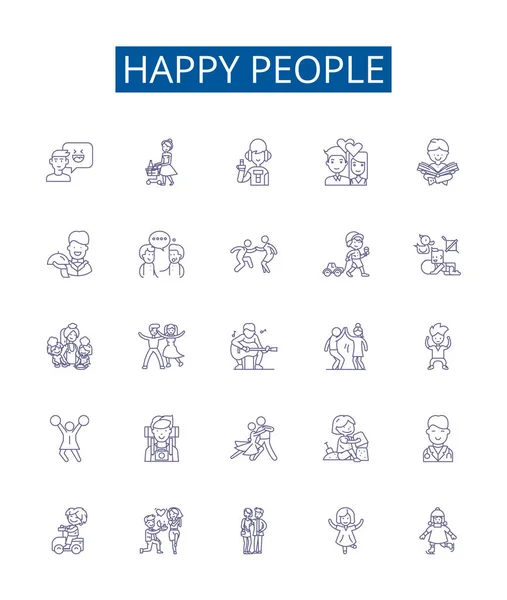 Ευτυχείς Άνθρωποι Γραμμή Εικονίδια Σήματα Που Design Collection Cheerful Joyful — Διανυσματικό Αρχείο