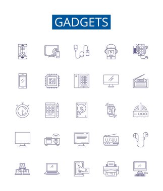 Gadgets çizgi simgeleri ayarlandı. Aygıtların, elektronik aletlerin, aletlerin, araçların, teknolojinin, oyuncakların, iPhone 'ların tasarım koleksiyonu, bilgisayarların ana hatları vektör çizimleri