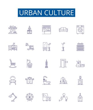 Kentsel kültür çizgisi simgeleri belirlendi. Şehir, Şehir, Nüfus, Sanat, Çeşitlilik, Müzik, Ticaret, Din ana hatları vektör çizimlerinin tasarım koleksiyonu