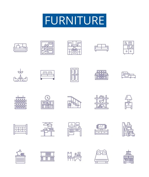Furniture Line Icons Signs Set Design Collection Chair Table Desk — Stock Vector