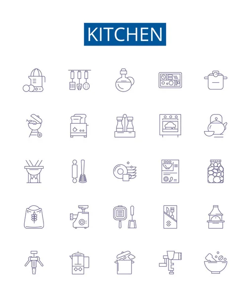 stock vector Kitchen line icons signs set. Design collection of Cooking, Cuisine, Cabinets, Dishes, Utensils, Appliances, Stove, Oven outline vector concept illustrations