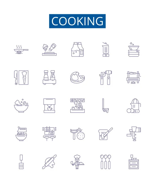 stock vector Cooking line icons signs set. Design collection of Cuisine, Recipes, Baking, Simmering, Frying, Boiling, Grilling, Roasting outline vector concept illustrations