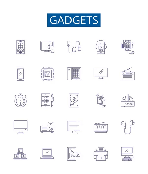 Gadgets Ligne Icônes Signes Ensemble Conception Collection Dispositifs Électronique Appareils — Image vectorielle