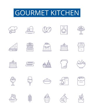 Gurme mutfak çizgisi simgeleri ayarlandı. Yemek pişirme, alet edevat, tezgah, arka plan, dolaplar, tencere, ada, aralık çizelgesi çizimleri koleksiyonu
