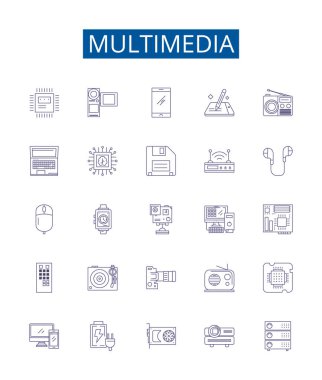 Çoklu ortam çizgi simgeleri ayarlandı. Ses, Video, Grafikler, Animasyon, Fotoğraflar, Müzik, Resimler, Metin ana hatları vektör çizimleri tasarım koleksiyonu