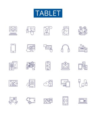 Tablet satır simgeleri ayarlandı. Tablet, iPad, Android, Samsung, Fire, Windows, Kindle, Bilgisayar ana hatları vektör çizimleri koleksiyonu