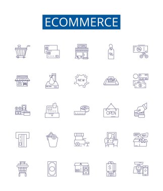 Ticaret hattı simgeleri ayarlandı. Alışveriş, satın alma, satış, ticaret, ticaret, dijital, mal, perakende vektör çizimleri koleksiyonu