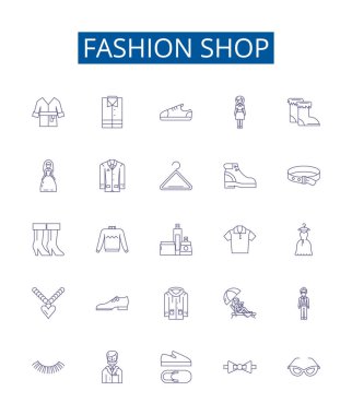 Moda mağazası simgeleri belirlendi. Moda, Mağaza, Kıyafet, Giyim, Giyim, Butik, Mağaza, Perakende, Ticari Ürün ana tasarım vektör çizimleri koleksiyonu