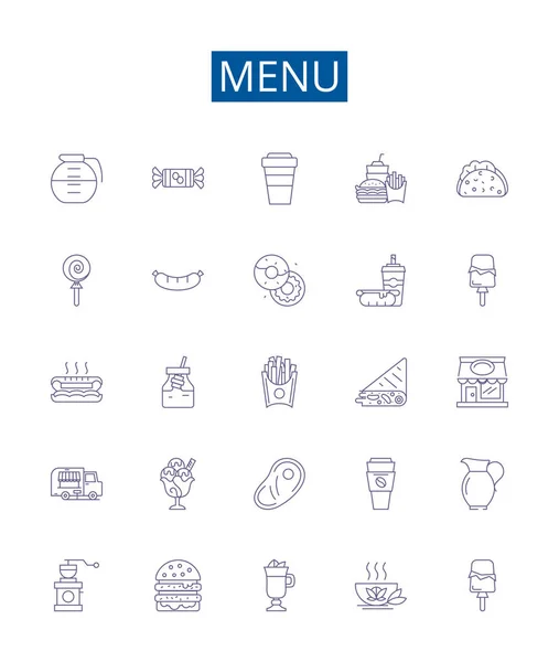 Menú Línea Iconos Signos Establecidos Diseño Colección Dieta Comida Cocina — Vector de stock