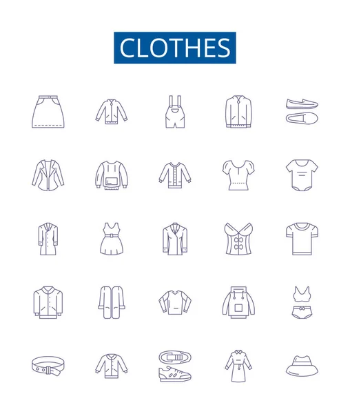 stock vector Clothes line icons signs set. Design collection of Garment, Outfit, Apparel, Clothing, Dress, Suit, Shawl, Skirt outline vector concept illustrations