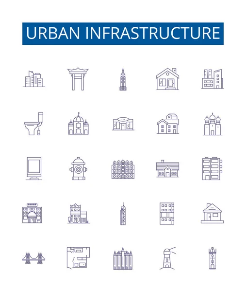 Ikony Infrastruktury Miejskiej Ustawione Kolekcja Projektowa Cityscape Drogi Mosty Koleje — Wektor stockowy