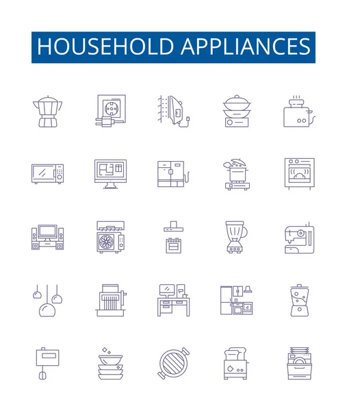 stock vector Household appliances line icons signs set. Design collection of Iron, Vacuum, Kettle, Blender, Stand mixer, Toaster, Refrigerator, Stove outline vector concept illustrations