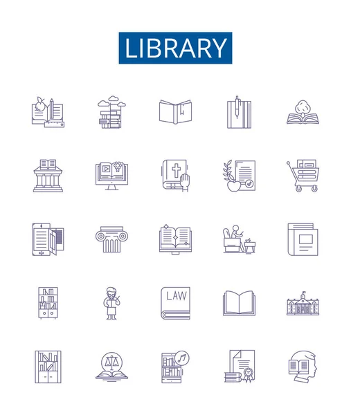 Libreria Linea Icone Segni Set Collezione Design Biblioteca Libri Referenze — Vettoriale Stock