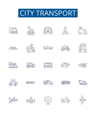 Şehir taşıma hattı simgeleri ayarlandı. Şehir, Ulaşım, Otobüs, Metro, Otomobil, Bisiklet, Taksi ana hatları konsept çizimleri tasarım koleksiyonu