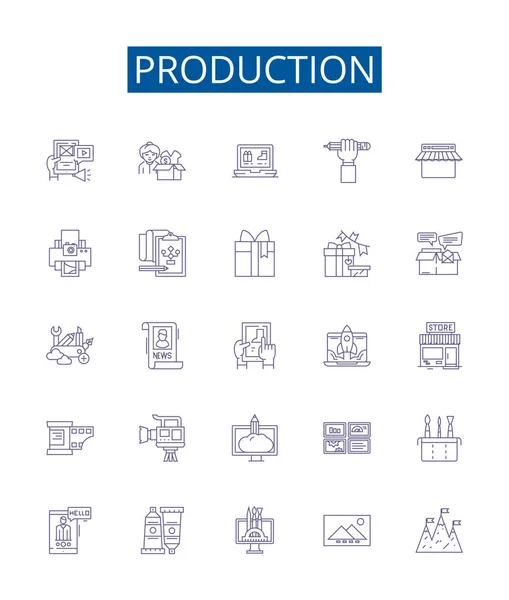 Γραμμή Παραγωγής Εικονίδια Σήματα Που Design Collection Producing Manufacturing Output — Διανυσματικό Αρχείο