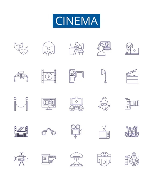 Línea Cine Iconos Letreros Establecidos Diseño Colección Película Teatro Película — Vector de stock