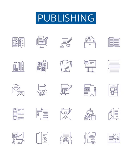 Набор Иконок Публикации Коллекция Дизайна Печатных Изданий Распространения Редактирования Маркетинга — стоковый вектор