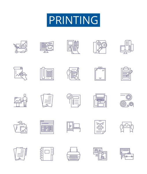 Impresión Línea Iconos Signos Establecidos Diseño Colección Impresión Tinta Papel — Vector de stock
