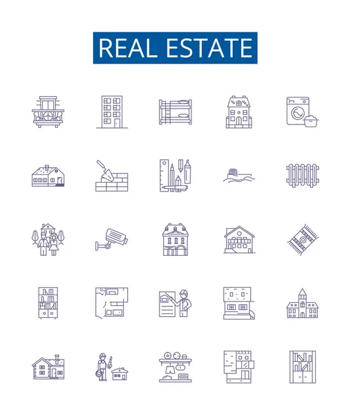 Reestate Line Icons Signs Set Коллекция Дизайна Недвижимости Домов Земельных — стоковый вектор