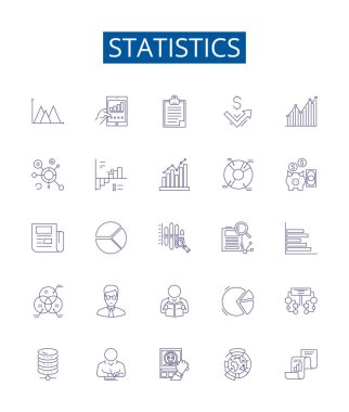 İstatistik çizgisi simgeleri ayarlandı. İstatistik, veri, analiz, örnekler, popülasyon, varyasyon, ortalama, medyan ana hatlı vektör çizimleri tasarım koleksiyonu