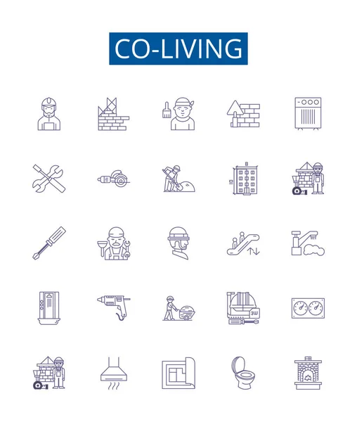 Stock vector Co-living line icons signs set. Design collection of Co housing, Roomshare, Cohabit, Commune, Lodging, Cohabitation, Shared living, Flatmate outline vector concept illustrations