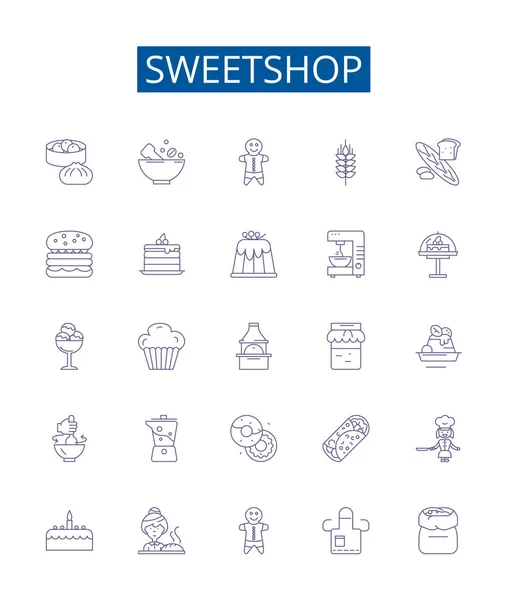 Sweetshop Línea Iconos Conjunto Signos Diseño Colección Dulces Dulces Confitería — Archivo Imágenes Vectoriales